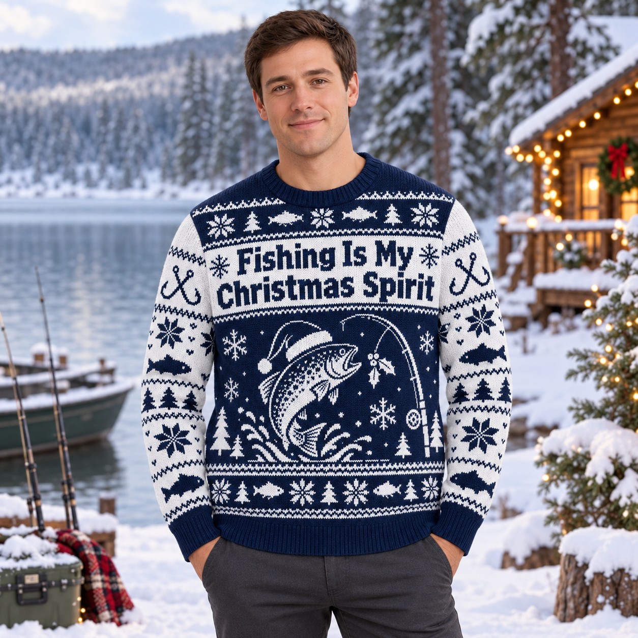 [popular-sweater:PX-08-11:male] Fishing Is My Christmas Spirit Ugly Christmas Sweatshirt - Male view