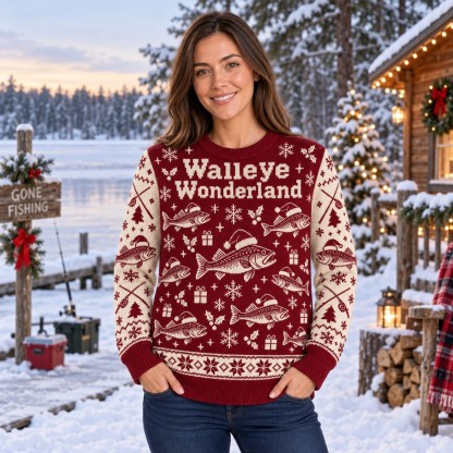 [popular-sweater:PX-08-12:female] Walleye Wonderland Ugly Christmas Sweatshirt - Female view