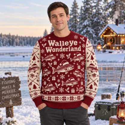 [popular-sweater:PX-08-12:male] Walleye Wonderland Ugly Christmas Sweatshirt - Male view