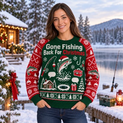 [popular-sweater:PX-08-13:female] Gone Fishing Back For Christmas Ugly Christmas Sweatshirt - Female view