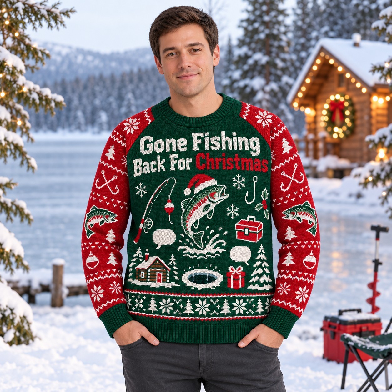 [popular-sweater:PX-08-13:male] Gone Fishing Back For Christmas Ugly Christmas Sweatshirt - Male view