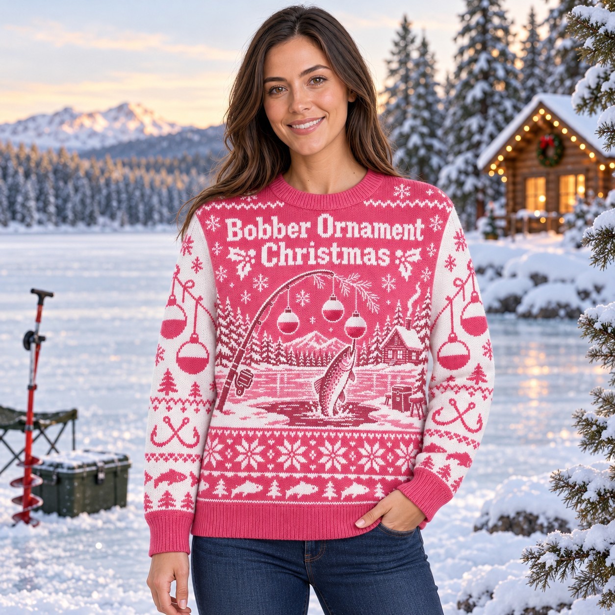 [popular-sweater:PX-08-14:female] Bobber Ornament Christmas Ugly Christmas Sweatshirt - Female view