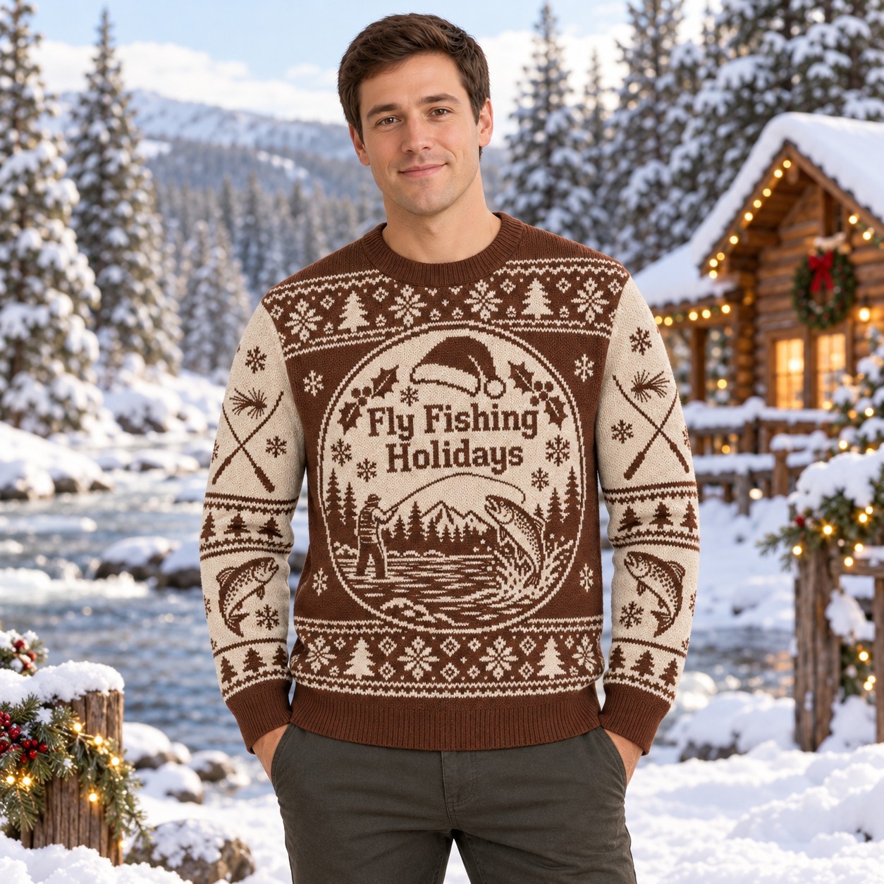 [popular-sweater:PX-08-15:male] Fly Fishing Holidays Ugly Christmas Sweatshirt - Male view