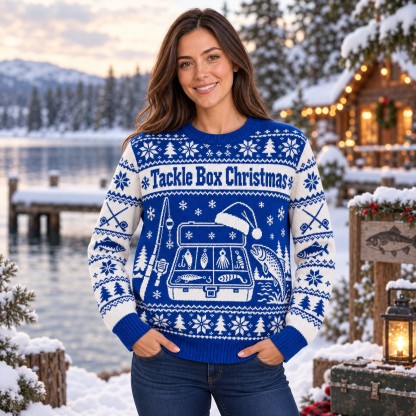 [popular-sweater:PX-08-16:female] Tackle Box Christmas Ugly Christmas Sweatshirt - Female view