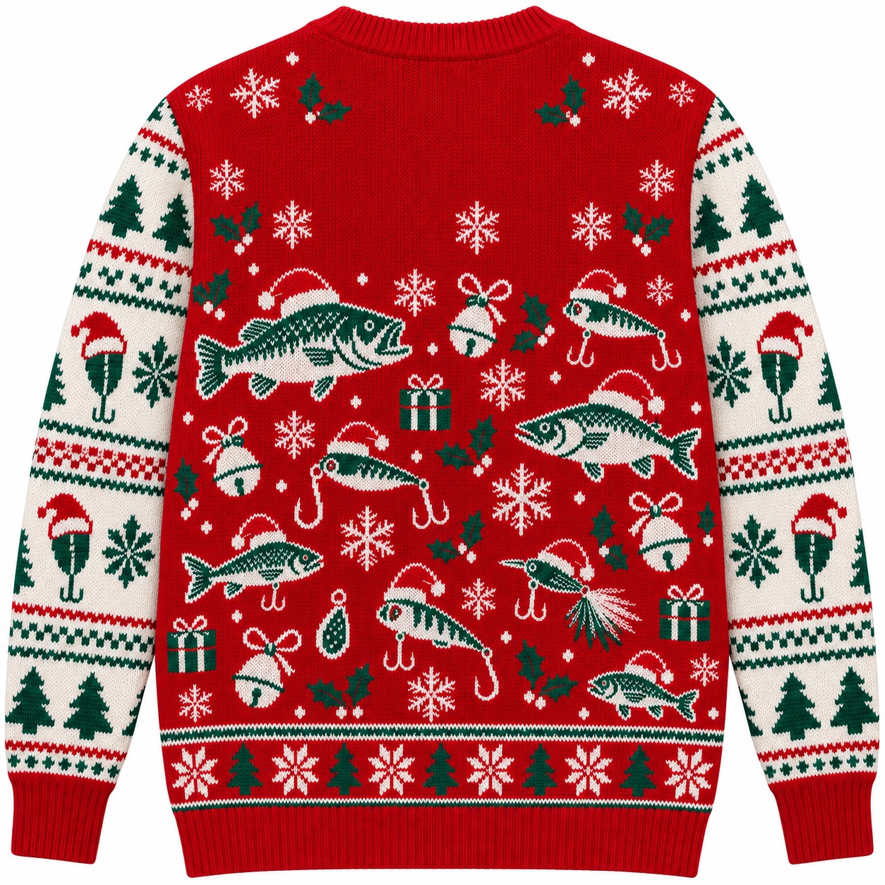 [popular-sweater:PX-08-17:back] Bait And Bells Fishing Ugly Christmas Sweatshirt - Back view