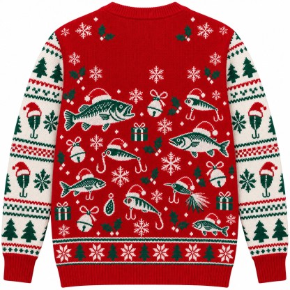 [popular-sweater:PX-08-17:back] Bait And Bells Fishing Ugly Christmas Sweatshirt - Back view
