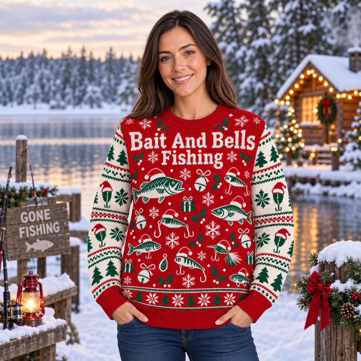[popular-sweater:PX-08-17:female] Bait And Bells Fishing Ugly Christmas Sweatshirt - Female view