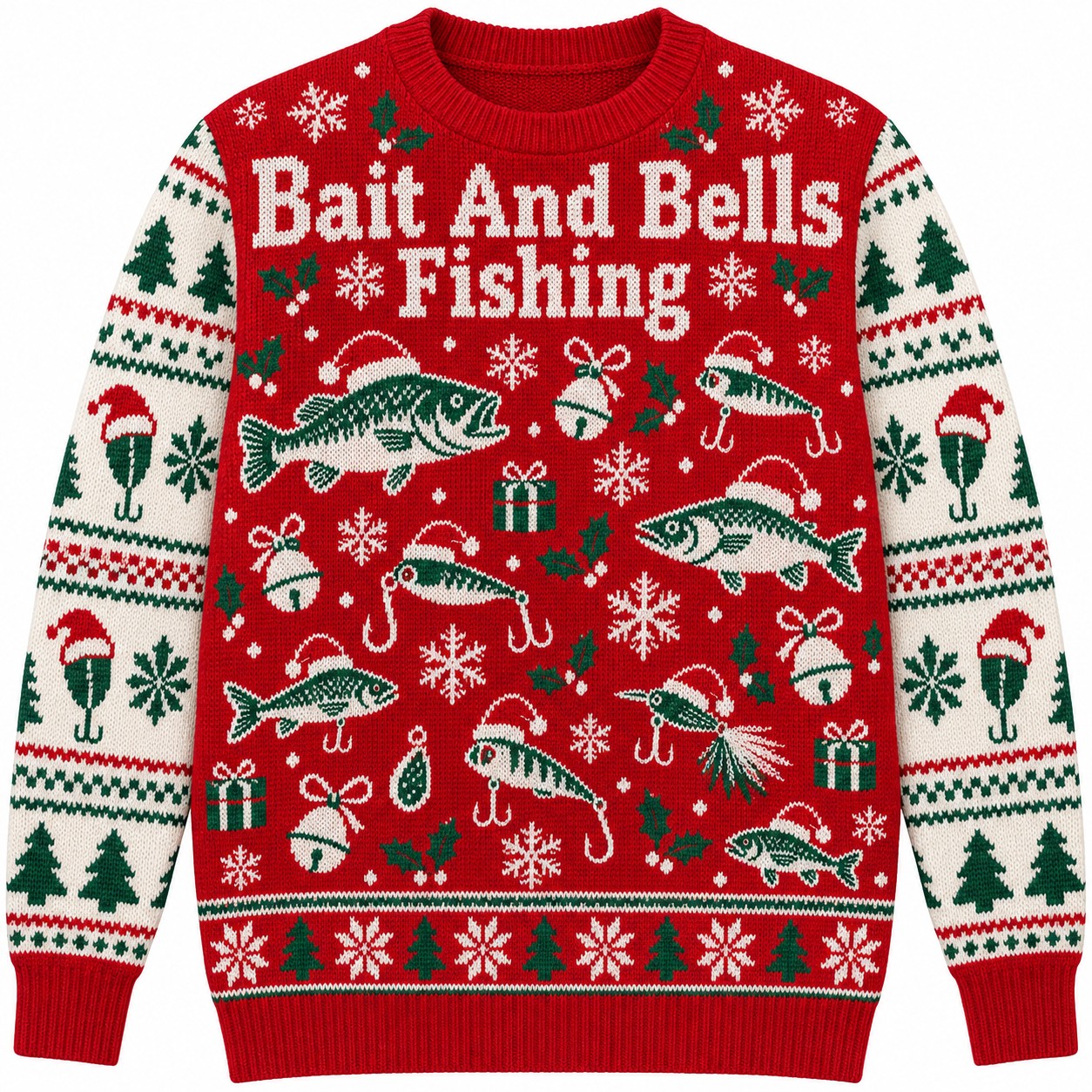 [popular-sweater:PX-08-17:front] Bait And Bells Fishing Ugly Christmas Sweatshirt - Front view