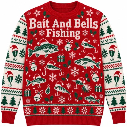 [popular-sweater:PX-08-17:front] Bait And Bells Fishing Ugly Christmas Sweatshirt - Front view