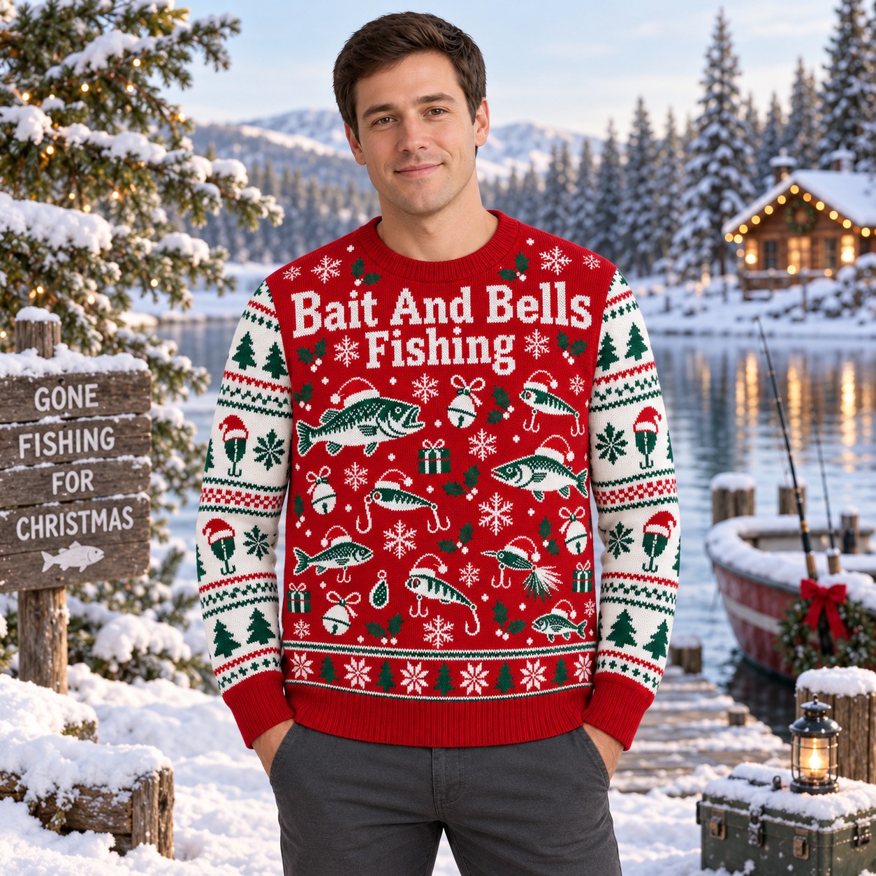 [popular-sweater:PX-08-17:male] Bait And Bells Fishing Ugly Christmas Sweatshirt - Male view