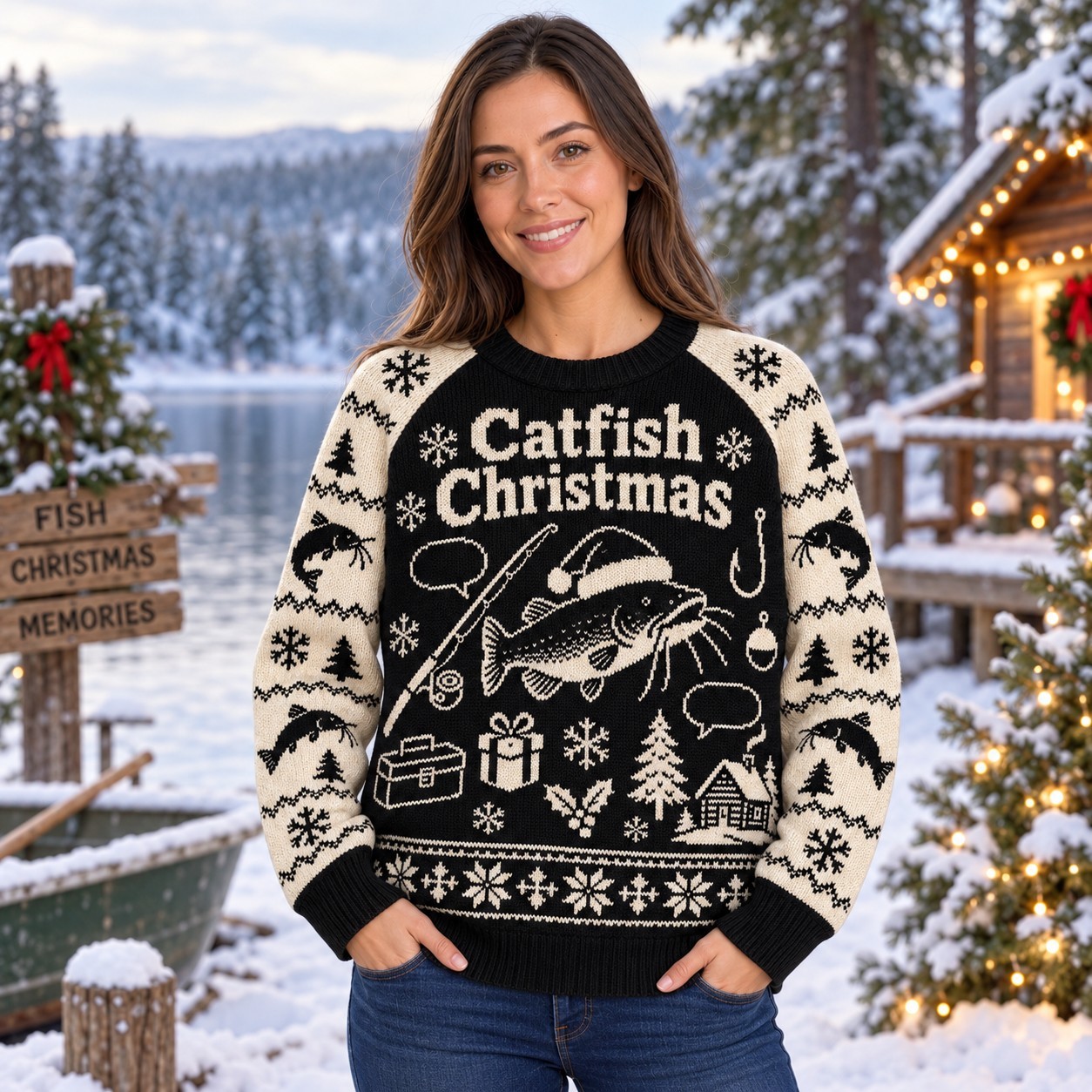 [popular-sweater:PX-08-18:female] Catfish Christmas Ugly Christmas Sweatshirt - Female view