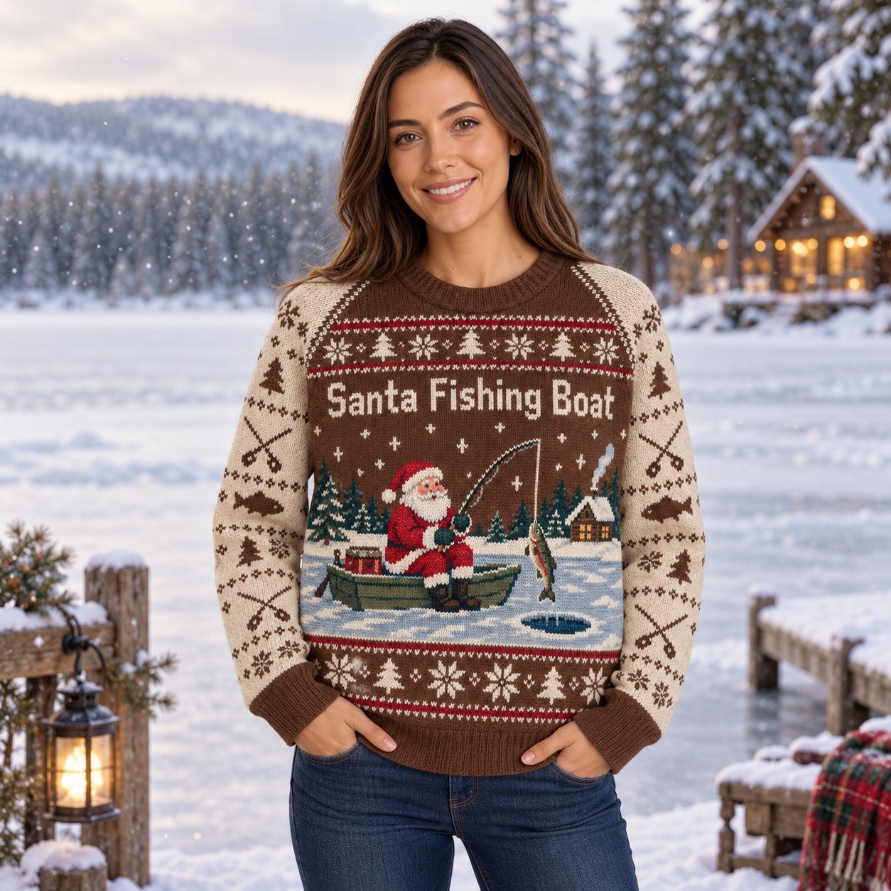[popular-sweater:PX-08-19:female] Santa Fishing Boat Ugly Christmas Sweatshirt - Female view