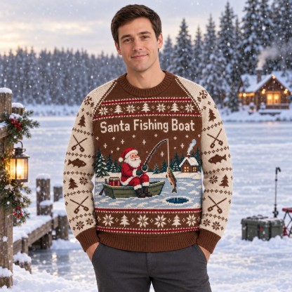 [popular-sweater:PX-08-19:male] Santa Fishing Boat Ugly Christmas Sweatshirt - Male view