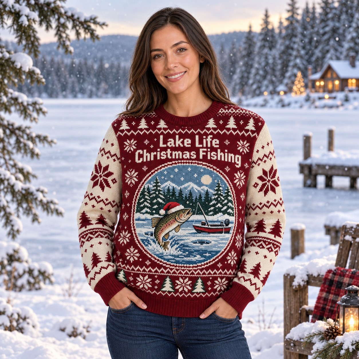 [popular-sweater:PX-08-20:female] Lake Life Christmas Fishing Ugly Christmas Sweatshirt - Female view