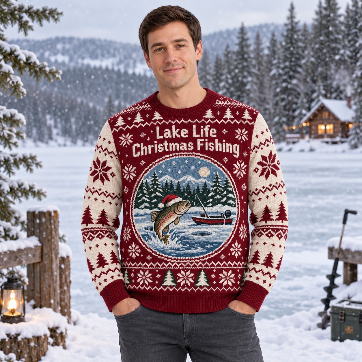 [popular-sweater:PX-08-20:male] Lake Life Christmas Fishing Ugly Christmas Sweatshirt - Male view