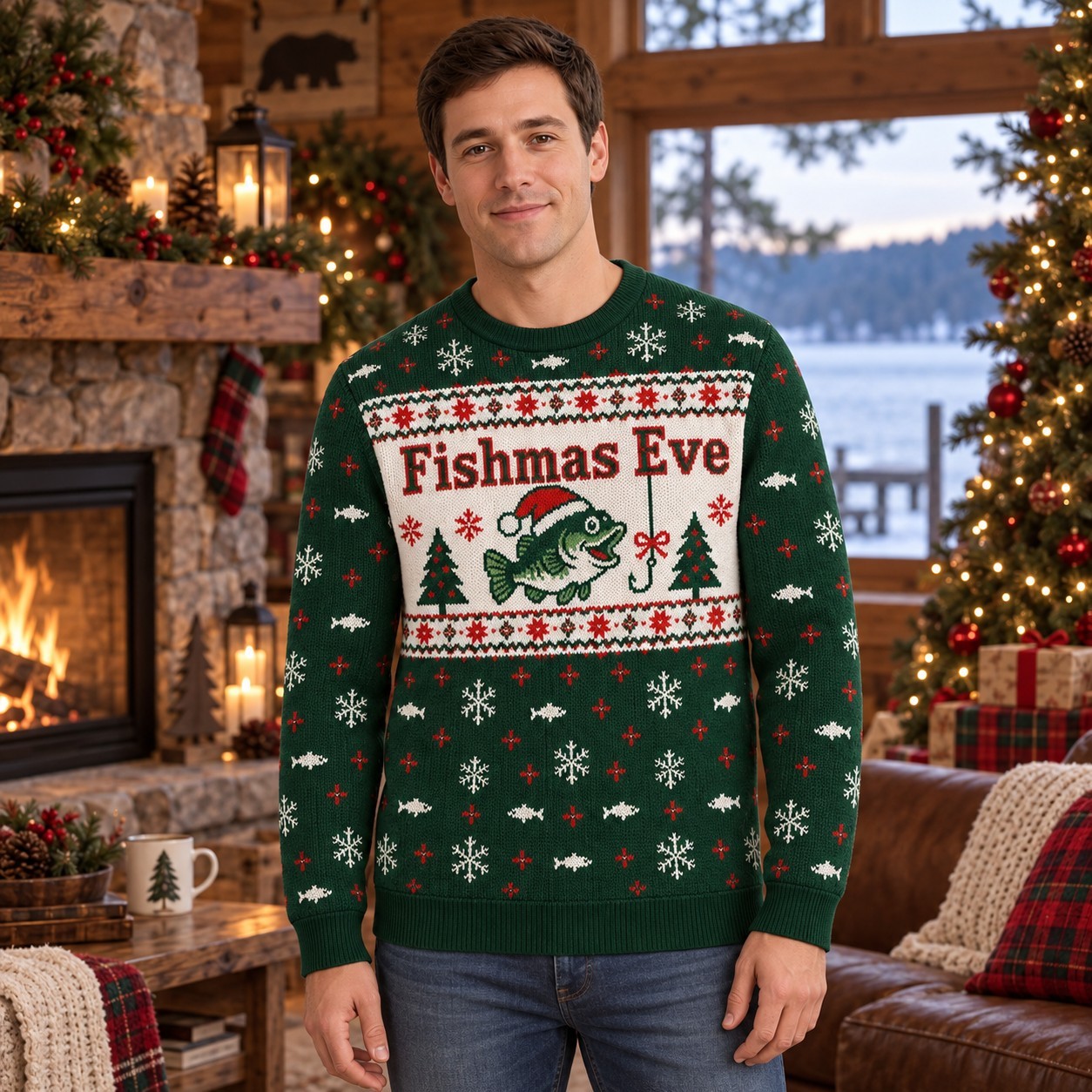 [popular-sweater:PX-08-21:male] Fishmas Eve Ugly Christmas Sweatshirt - Male view