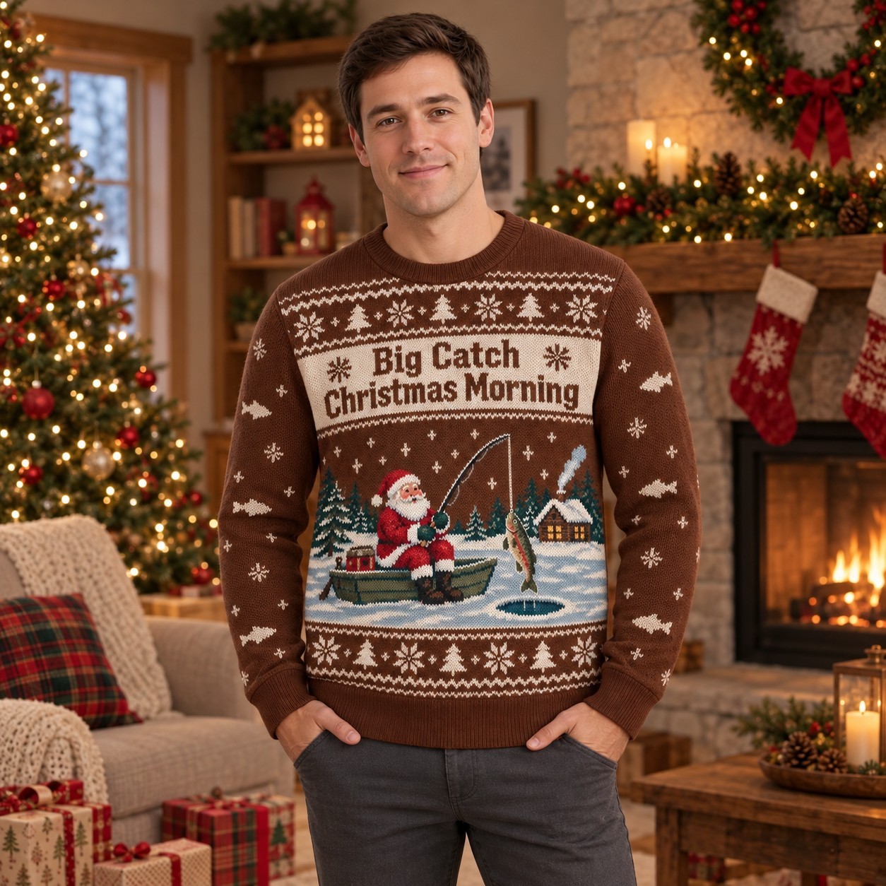 [popular-sweater:PX-08-23:male] Big Catch Christmas Morning Ugly Christmas Sweatshirt - Male view
