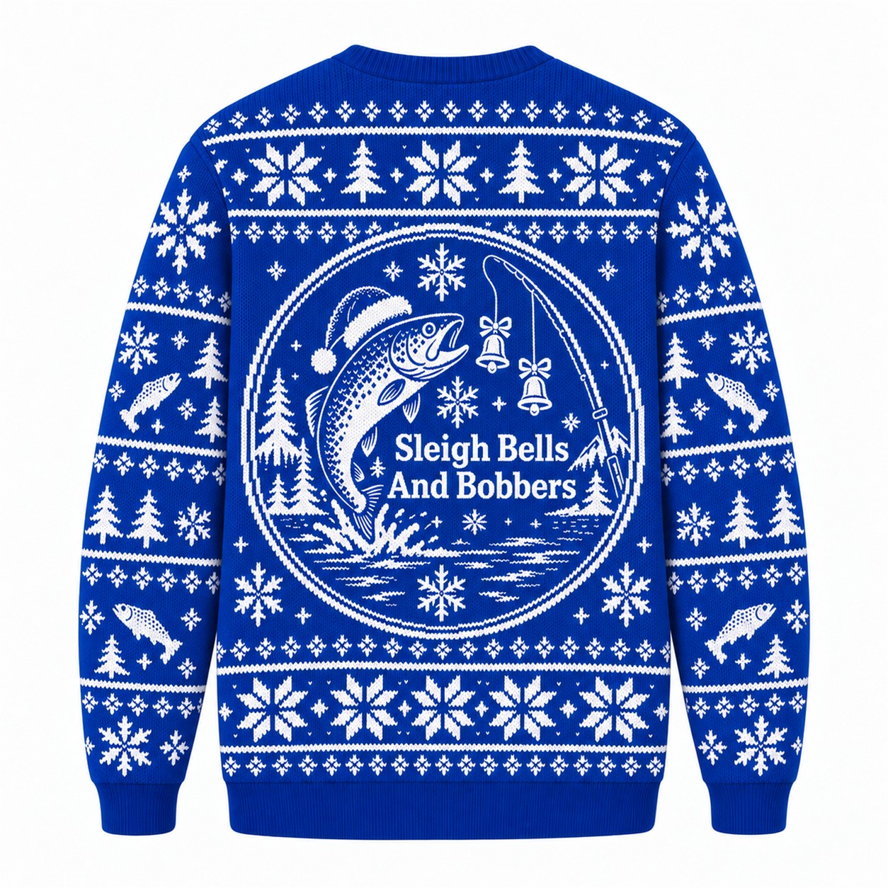 [popular-sweater:PX-08-24:back] Sleigh Bells And Bobbers Ugly Christmas Sweatshirt - Back view