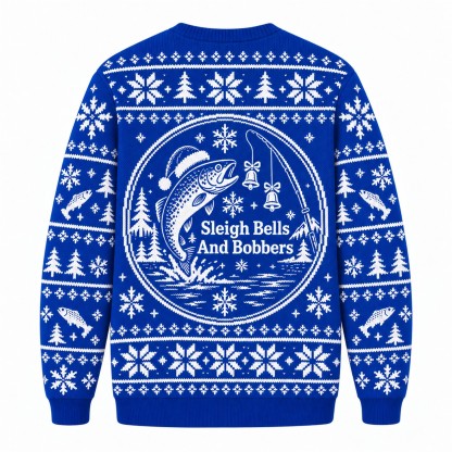 [popular-sweater:PX-08-24:back] Sleigh Bells And Bobbers Ugly Christmas Sweatshirt - Back view