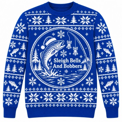 [popular-sweater:PX-08-24:front] Sleigh Bells And Bobbers Ugly Christmas Sweatshirt - Front view