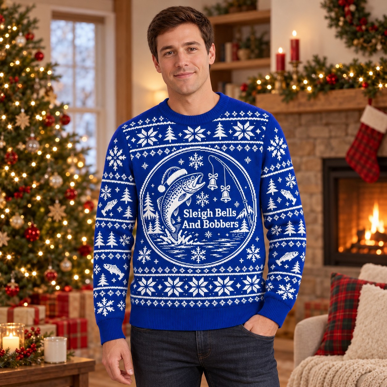 [popular-sweater:PX-08-24:male] Sleigh Bells And Bobbers Ugly Christmas Sweatshirt - Male view