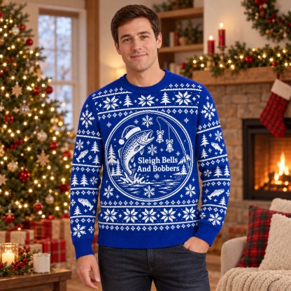 [popular-sweater:PX-08-24:male] Sleigh Bells And Bobbers Ugly Christmas Sweatshirt - Male view