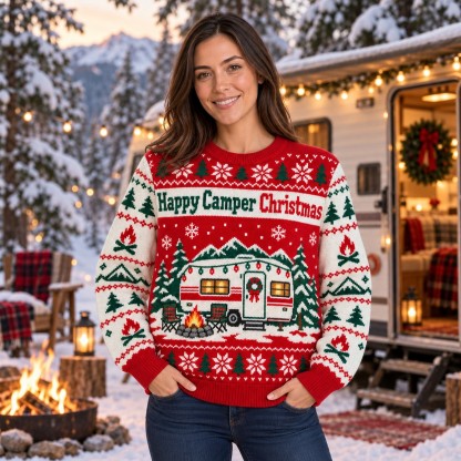 [popular-sweater:PX-09-01:female] Happy Camper Christmas Ugly Christmas Sweatshirt - Female view