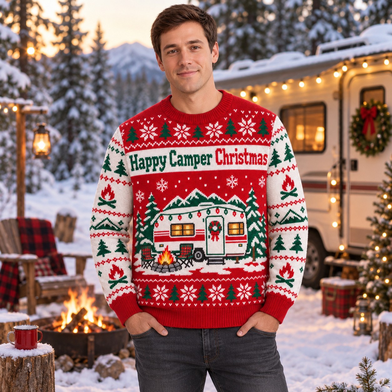 [popular-sweater:PX-09-01:male] Happy Camper Christmas Ugly Christmas Sweatshirt - Male view