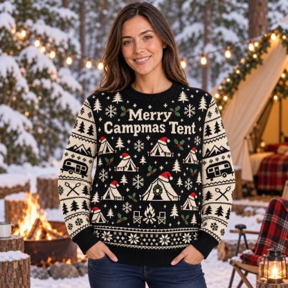 [popular-sweater:PX-09-02:female] Merry Campmas Tent Ugly Christmas Sweatshirt - Female view