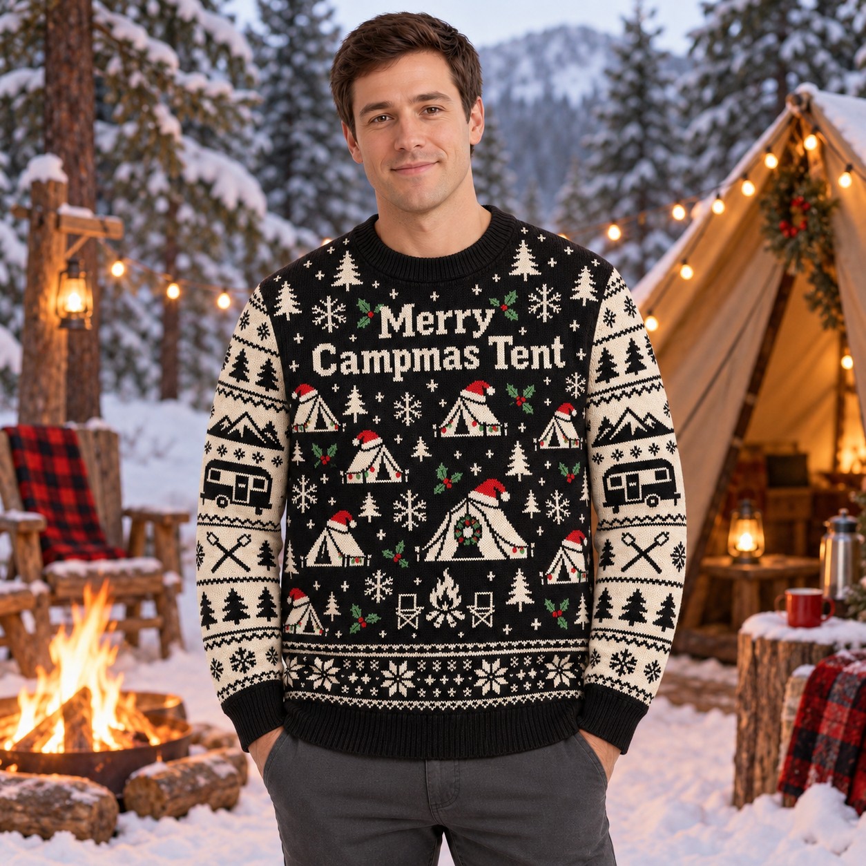 [popular-sweater:PX-09-02:male] Merry Campmas Tent Ugly Christmas Sweatshirt - Male view