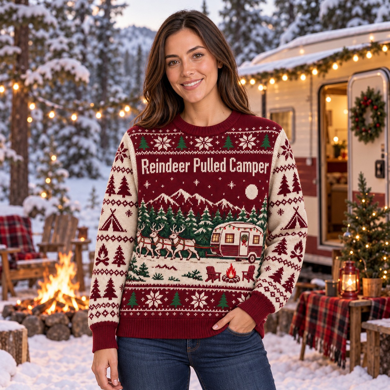 [popular-sweater:PX-09-04:female] Reindeer Pulled Camper Ugly Christmas Sweatshirt - Female view