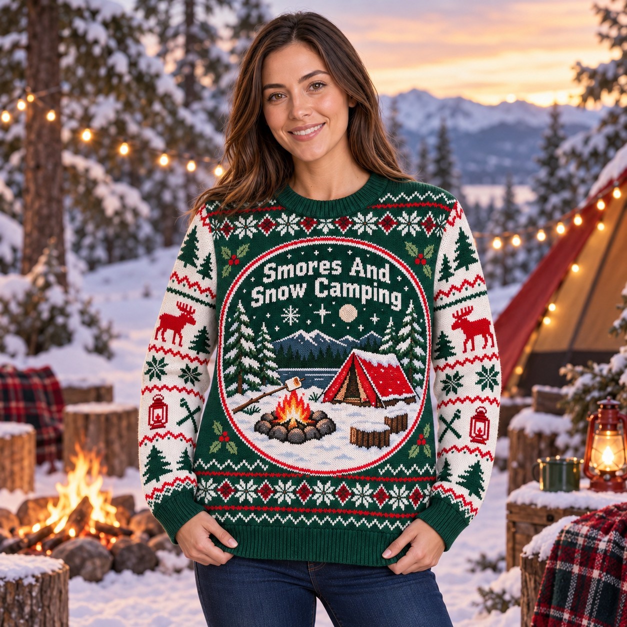 [popular-sweater:PX-09-05:female] Smores And Snow Camping Ugly Christmas Sweatshirt - Female view