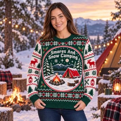 [popular-sweater:PX-09-05:female] Smores And Snow Camping Ugly Christmas Sweatshirt - Female view