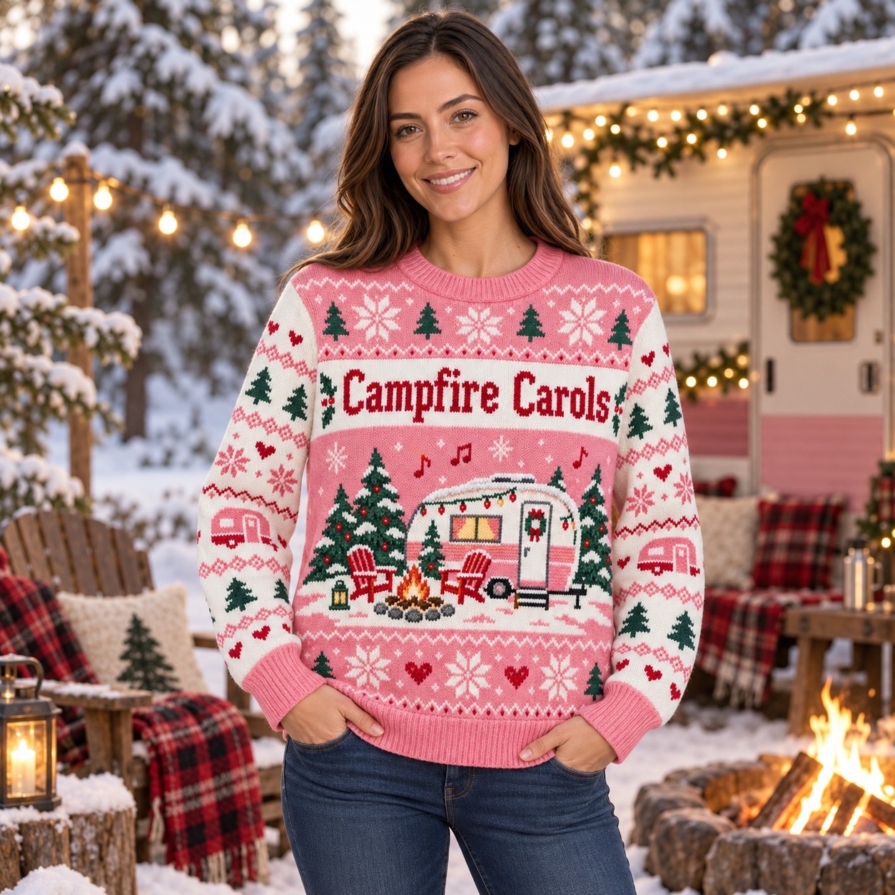 [popular-sweater:PX-09-06:female] Campfire Carols Ugly Christmas Sweatshirt - Female view