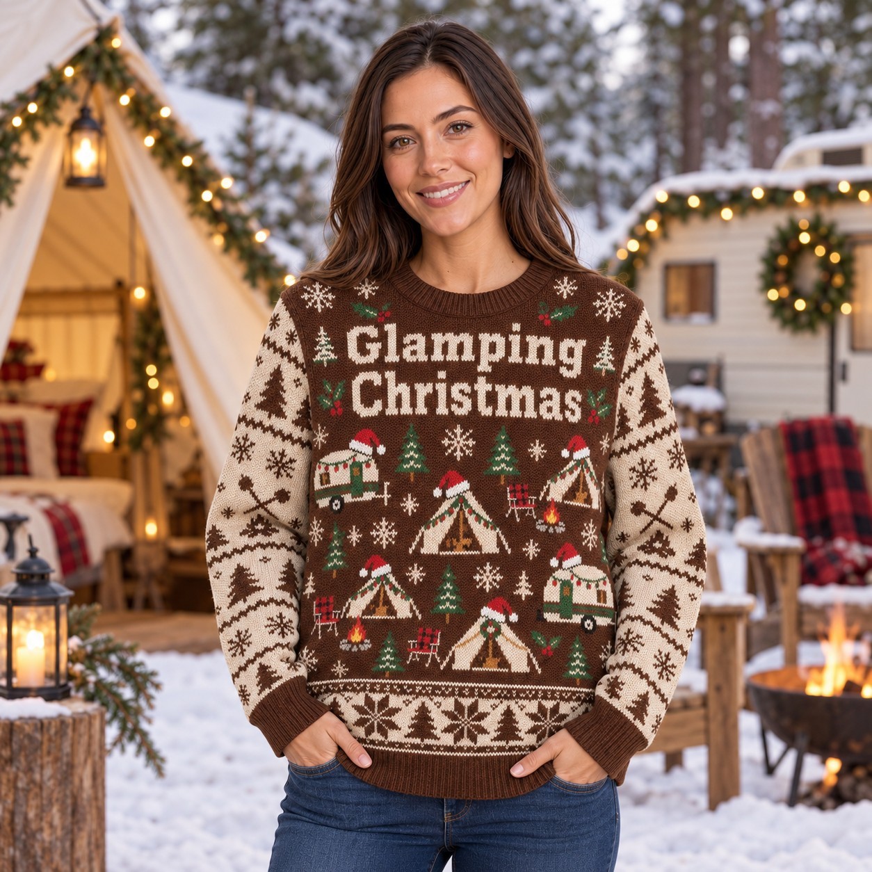 [popular-sweater:PX-09-07:female] Glamping Christmas Ugly Christmas Sweatshirt - Female view