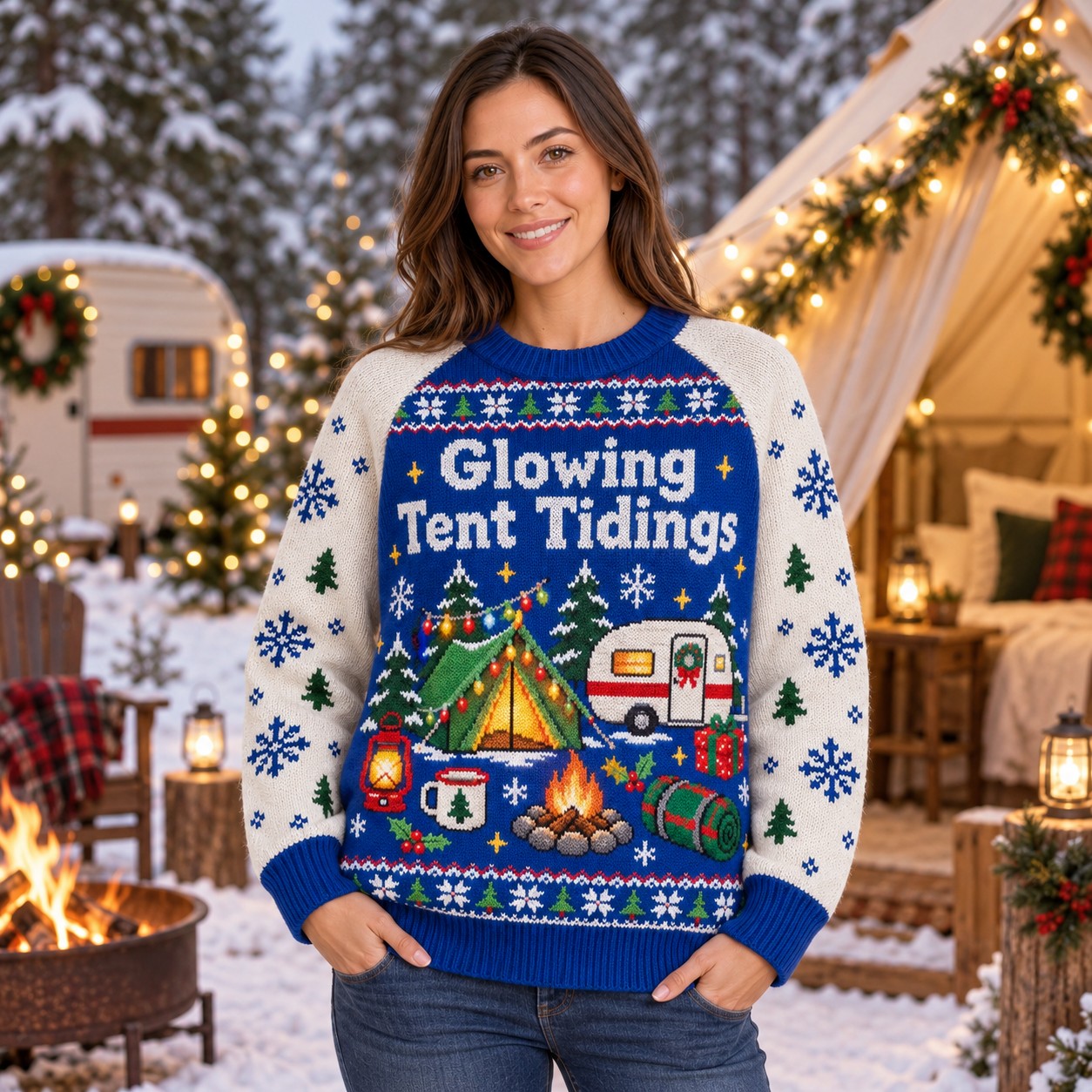 [popular-sweater:PX-09-08:female] Glowing Tent Tidings Ugly Christmas Sweatshirt - Female view