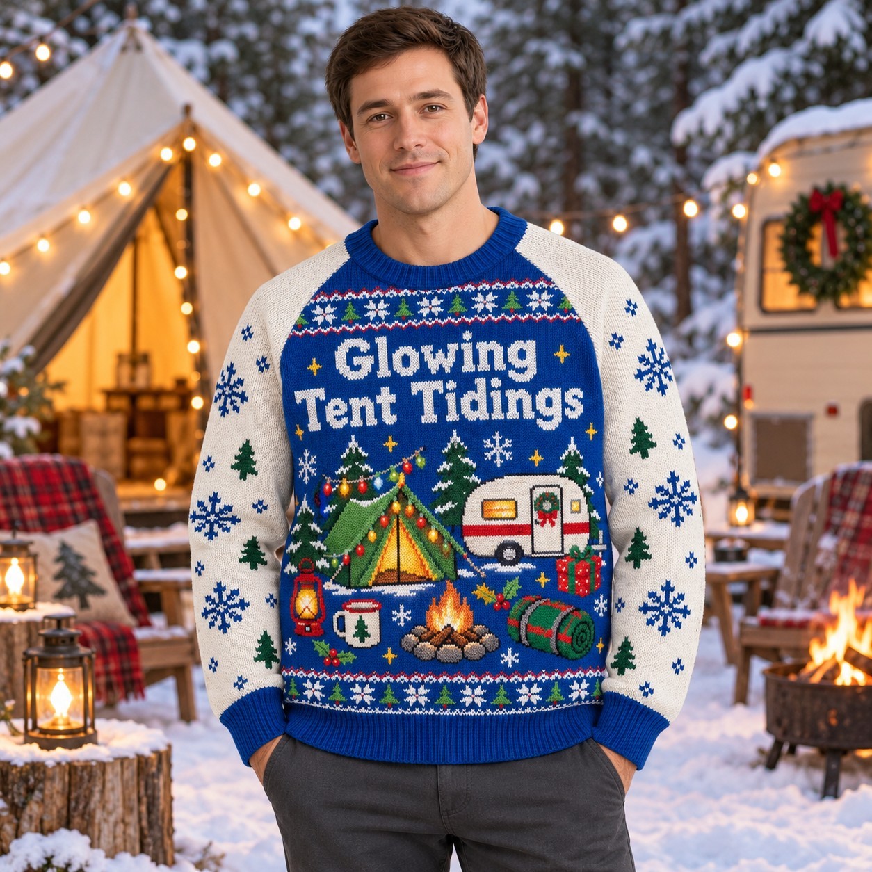 [popular-sweater:PX-09-08:male] Glowing Tent Tidings Ugly Christmas Sweatshirt - Male view