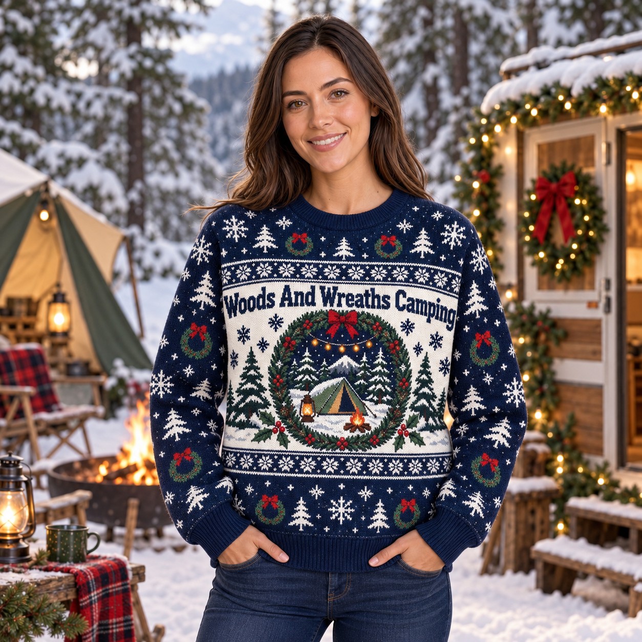 [popular-sweater:PX-09-11:female] Woods And Wreaths Camping Ugly Christmas Sweatshirt - Female view