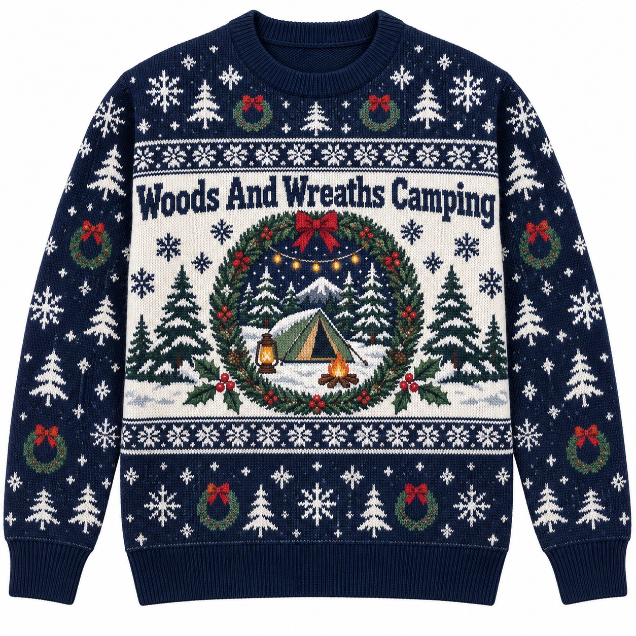 [popular-sweater:PX-09-11:front] Woods And Wreaths Camping Ugly Christmas Sweatshirt - Front view