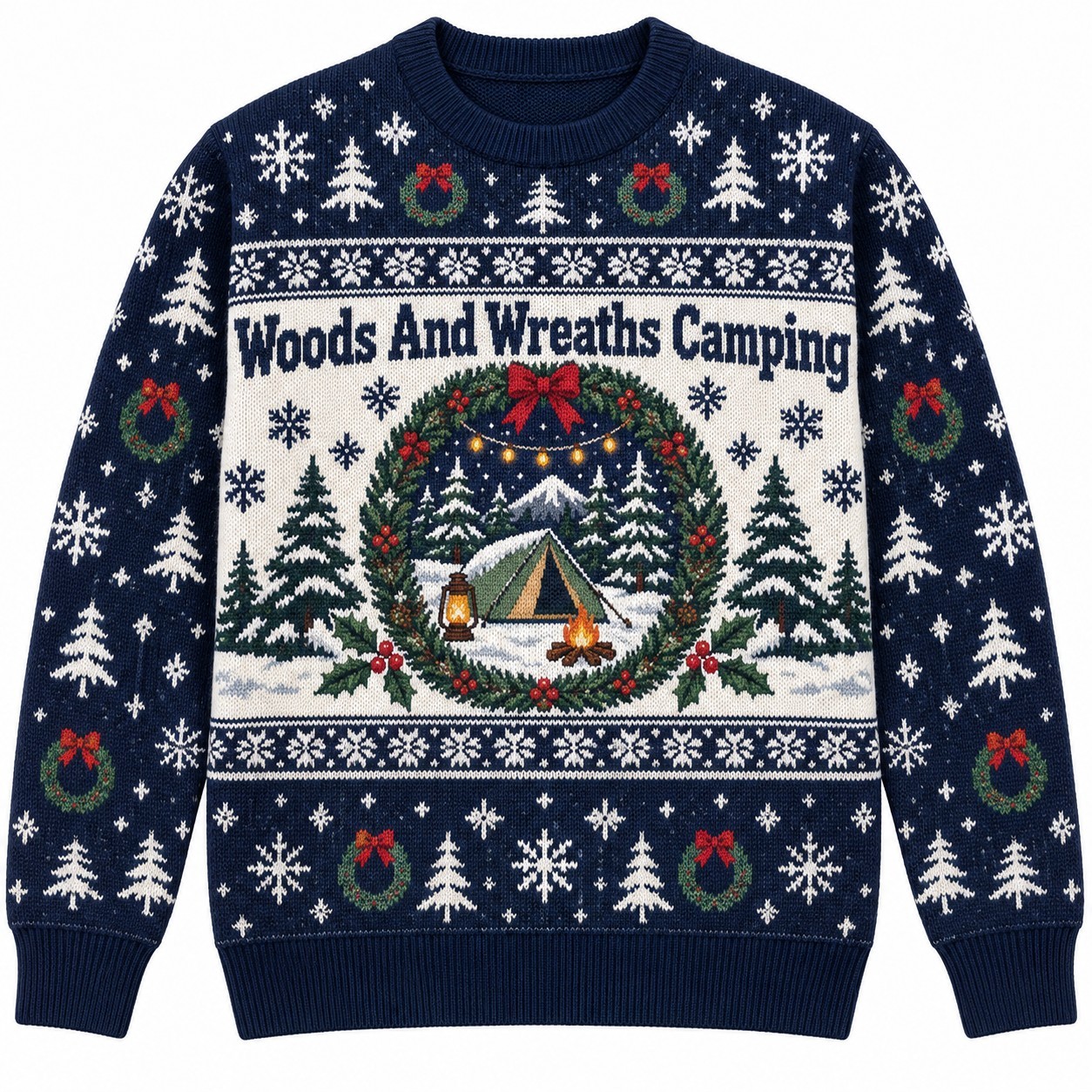 [popular-sweater:PX-09-11:front] Woods And Wreaths Camping Ugly Christmas Sweatshirt - Front view