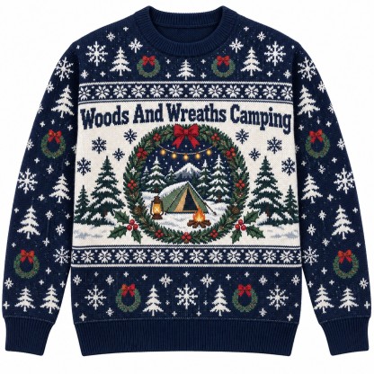[popular-sweater:PX-09-11:front] Woods And Wreaths Camping Ugly Christmas Sweatshirt - Front view