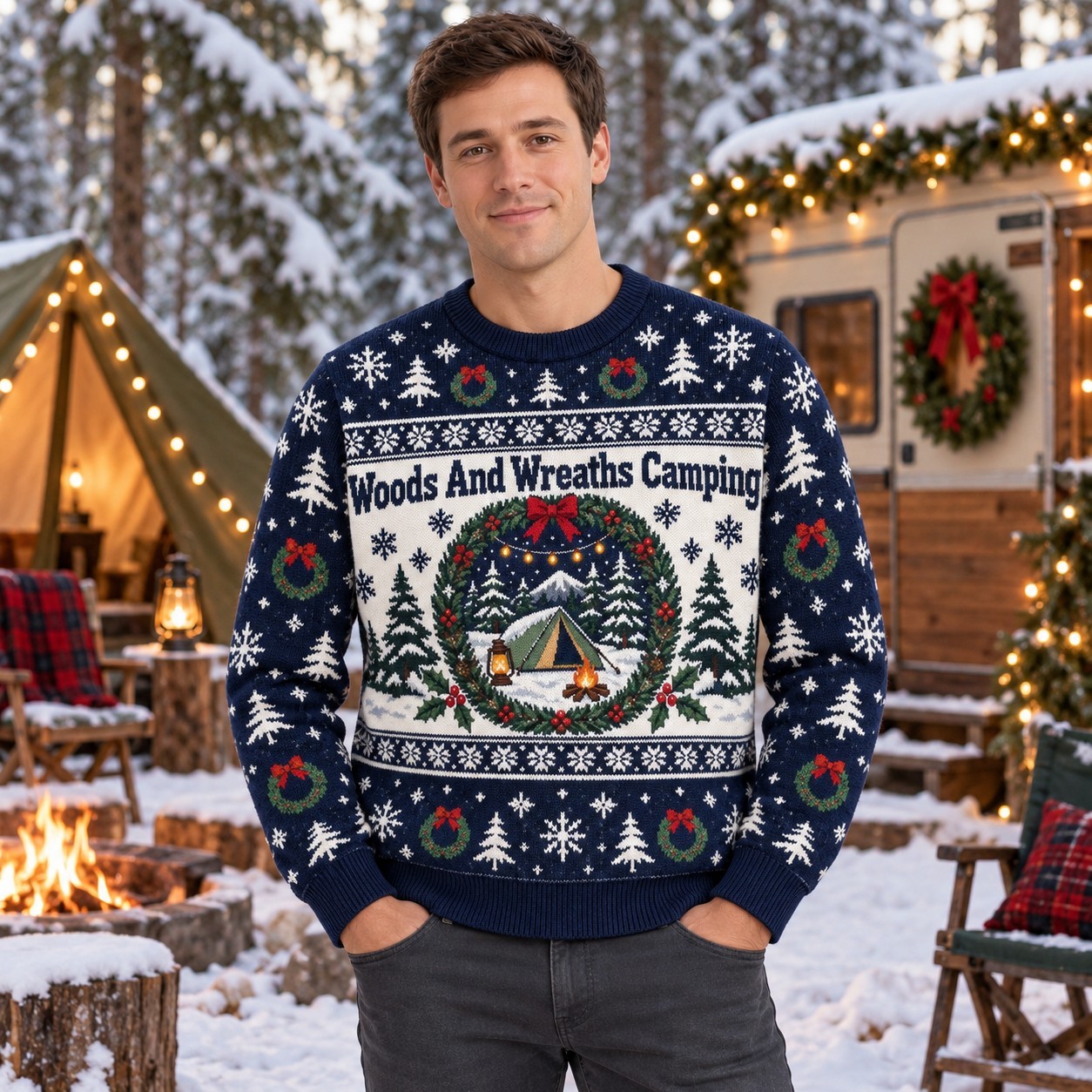 [popular-sweater:PX-09-11:male] Woods And Wreaths Camping Ugly Christmas Sweatshirt - Male view