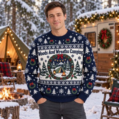 [popular-sweater:PX-09-11:male] Woods And Wreaths Camping Ugly Christmas Sweatshirt - Male view