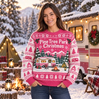 [popular-sweater:PX-09-14:female] Pine Tree Park Christmas Ugly Christmas Sweatshirt - Female view