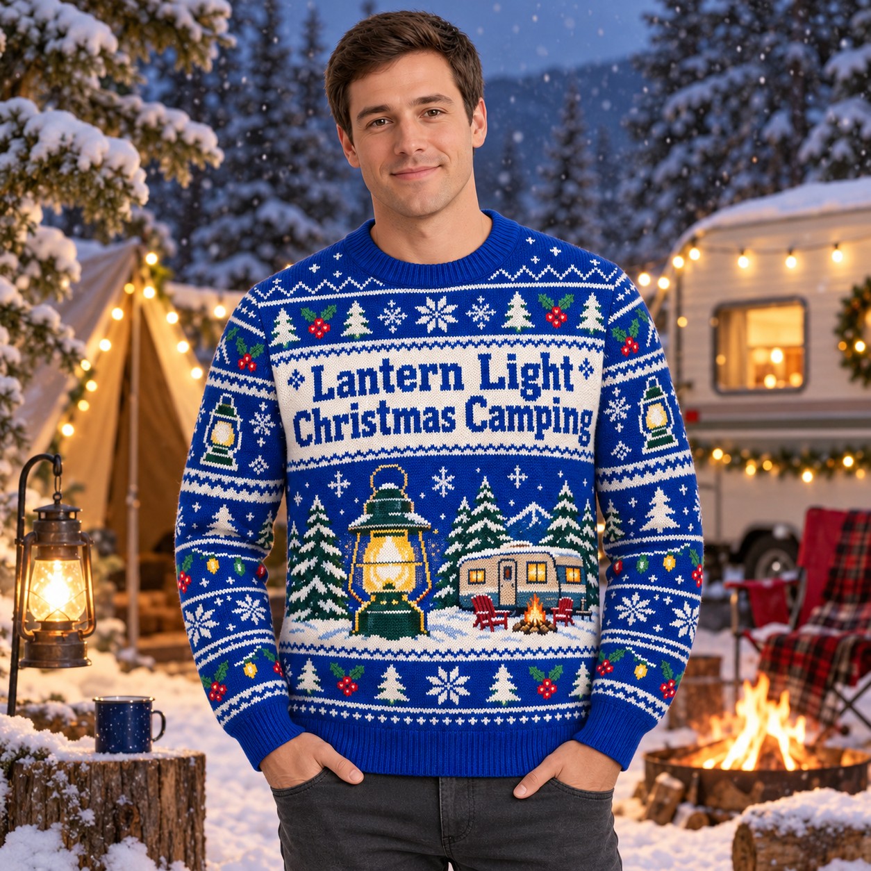 [popular-sweater:PX-09-16:male] Lantern Light Christmas Camping Ugly Christmas Sweatshirt - Male view