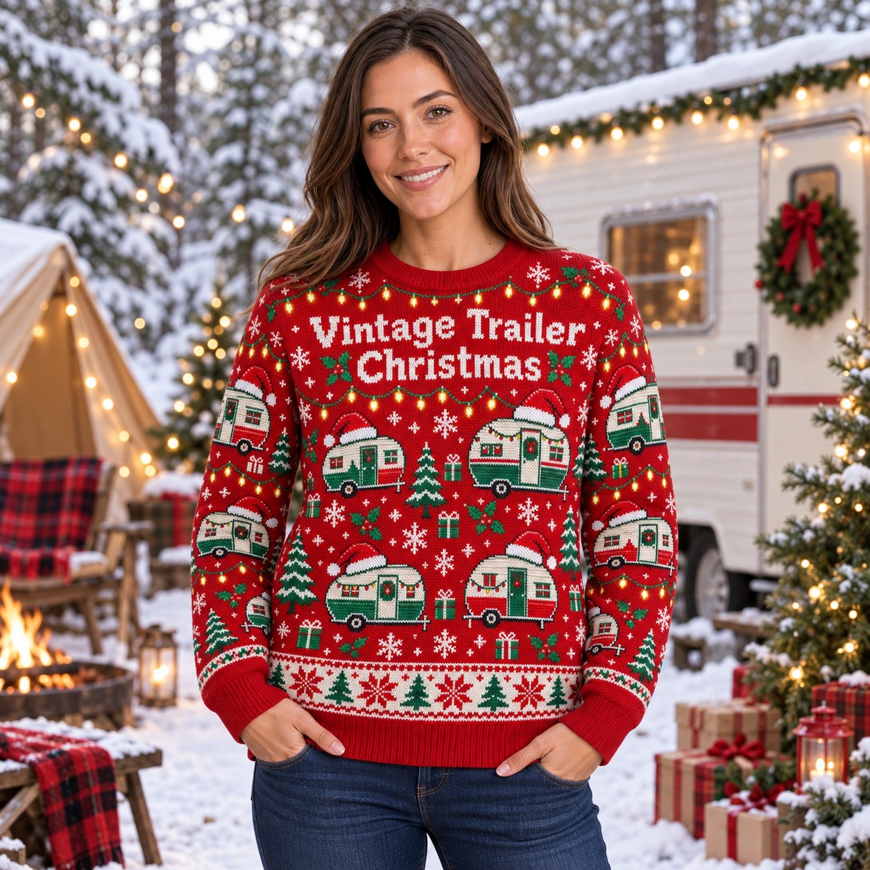 [popular-sweater:PX-09-17:female] Vintage Trailer Christmas Ugly Christmas Sweatshirt - Female view