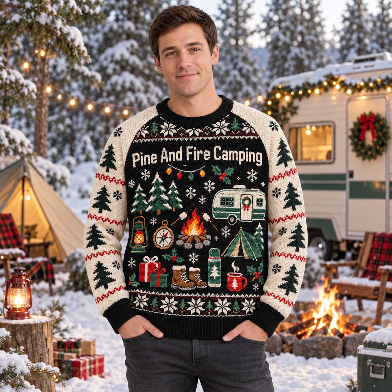 [popular-sweater:PX-09-18:male] Pine And Fire Camping Ugly Christmas Sweatshirt - Male view