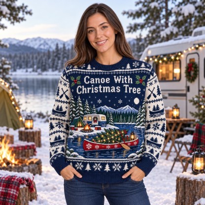 [popular-sweater:PX-09-19:female] Canoe With Christmas Tree Ugly Christmas Sweatshirt - Female view