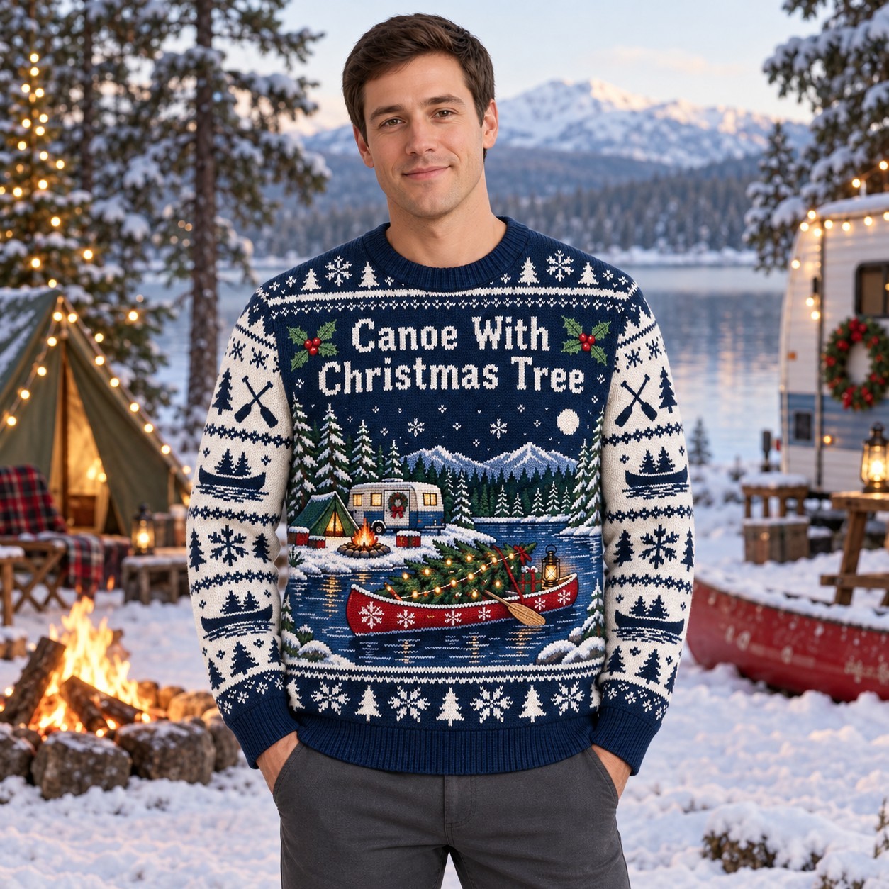 [popular-sweater:PX-09-19:male] Canoe With Christmas Tree Ugly Christmas Sweatshirt - Male view