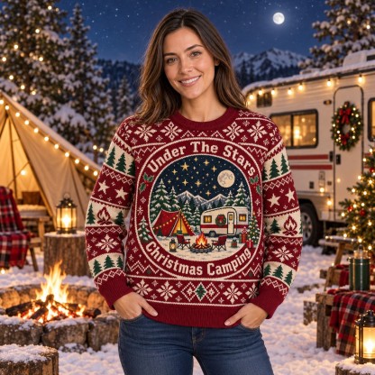 [popular-sweater:PX-09-20:female] Under The Stars Christmas Camping Ugly Christmas Sweatshirt - Female view